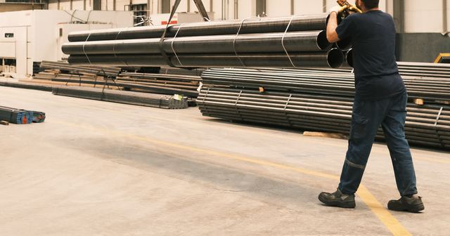 Vinçle taşınan çelik boruları yönlendiren fabrika çalışanı